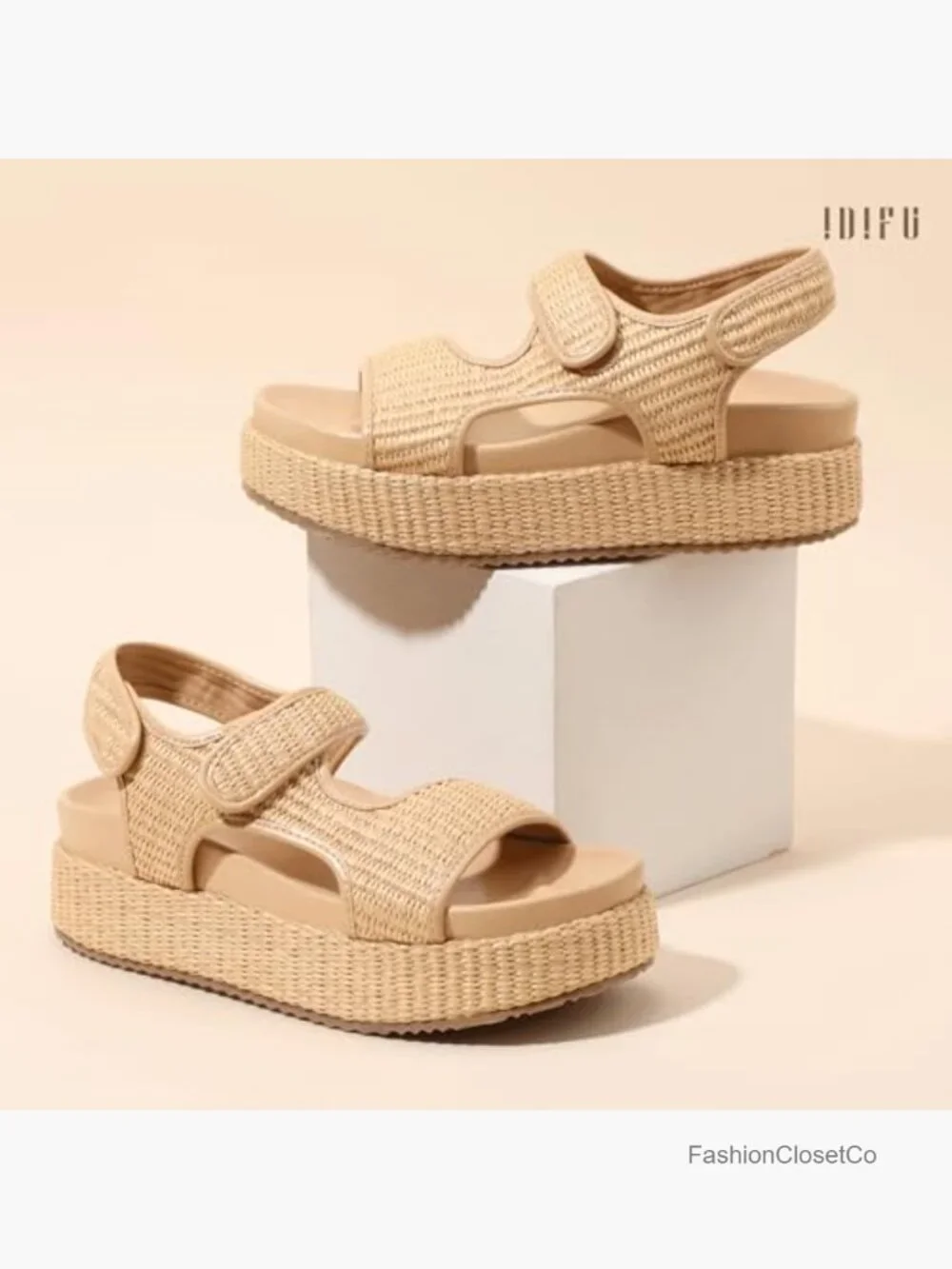 Platform Sandals with Raffia Woven Straps, Hook & Loop Closure, Chunky Sole,